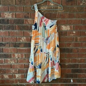 Entro One-Shoulder Orange Abstract Multicolor Tiered Dress